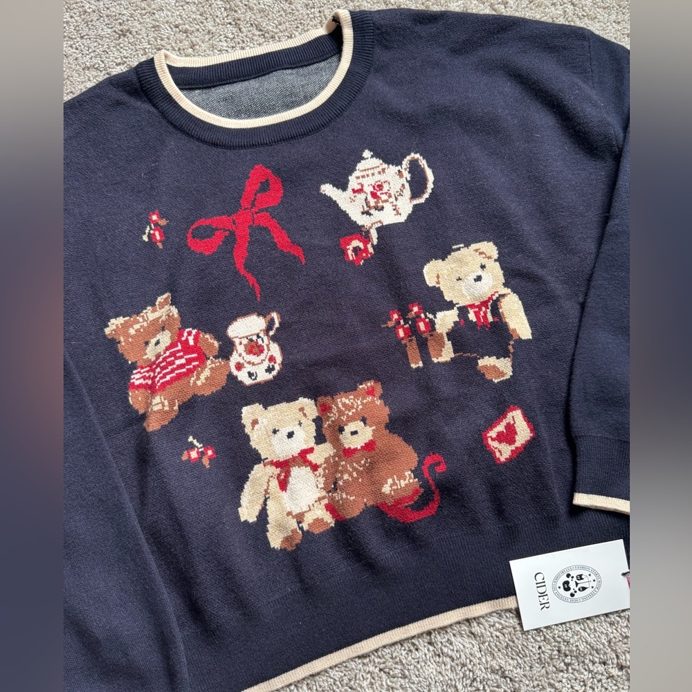Cider Navy Sweater with Bear Bow and Tea Pot Design
3XL